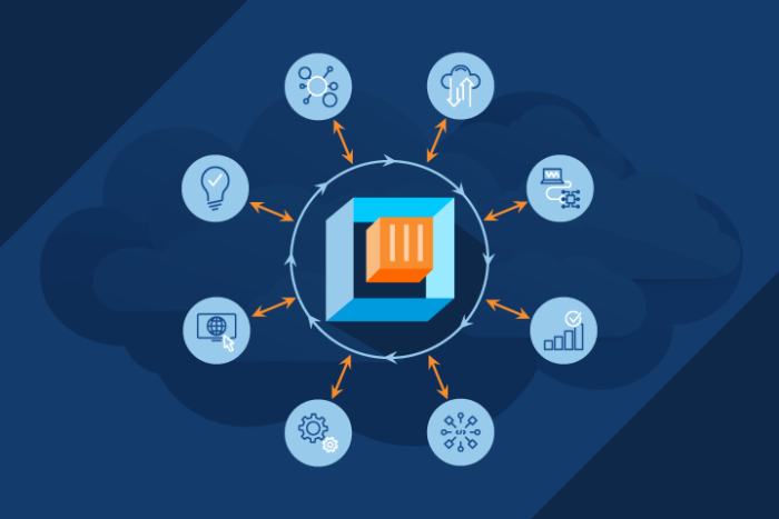 Icons depicting network security themes pointing to a secured block